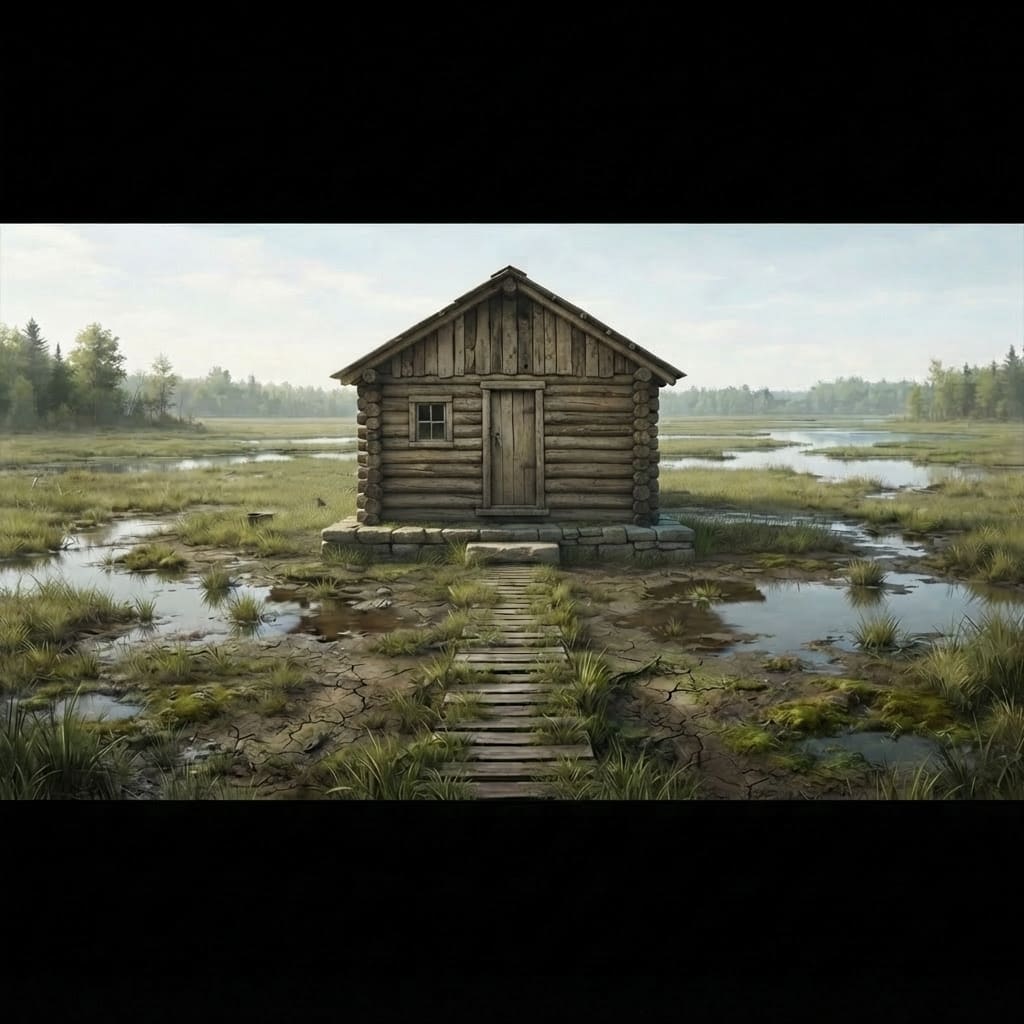 Image: Replace the log cabin in this image with a very si