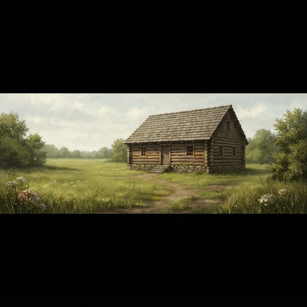 Image: This is the same meadow clearing and cabin scene,