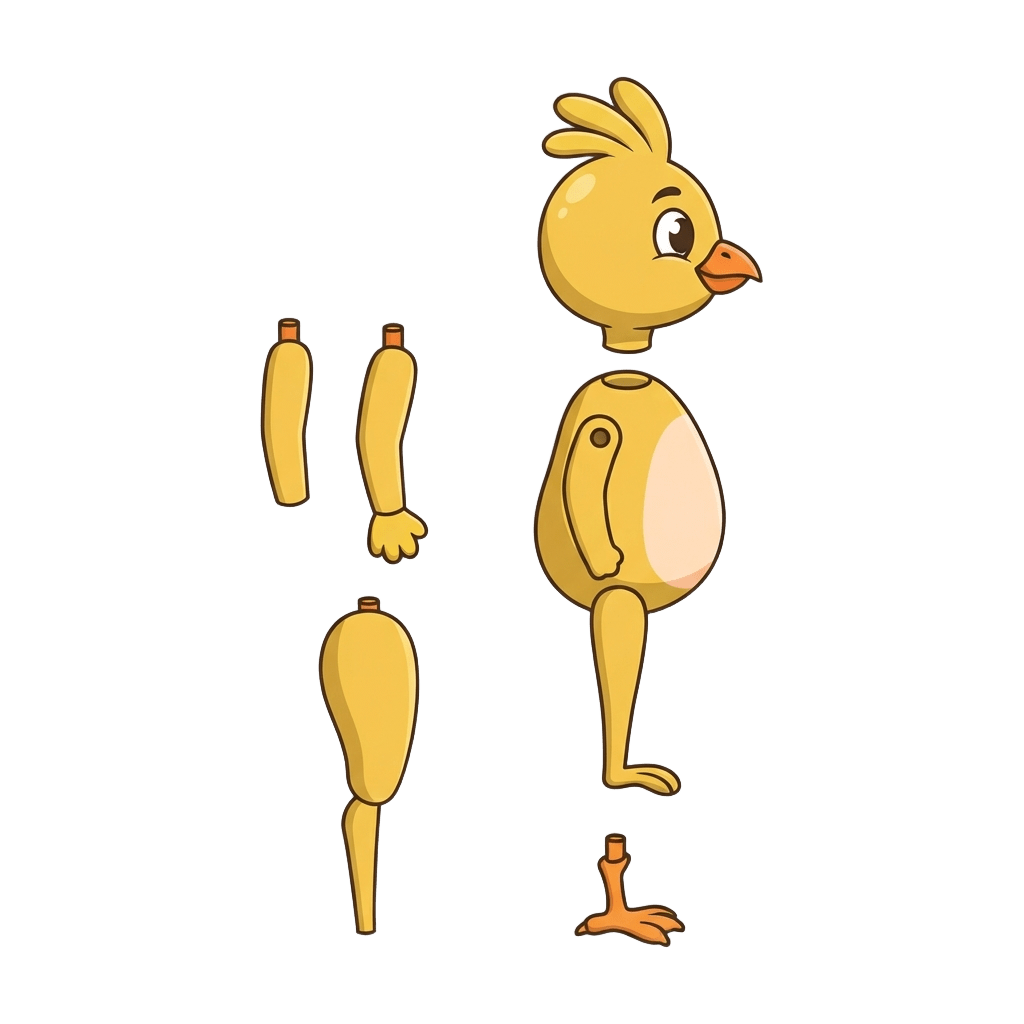 Image: Cutout puppet rig sheet for a 2D platformer mascot