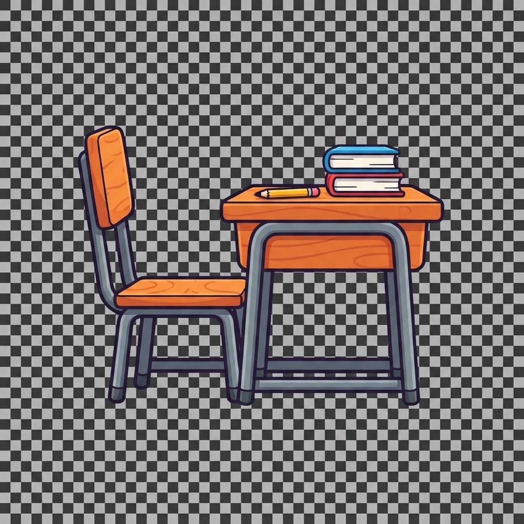Image: SIDE VIEW of a single wooden school desk with an a