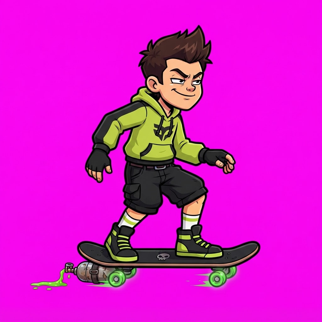 Image: Full body SIDE VIEW of a cocky rival boy skateboar
