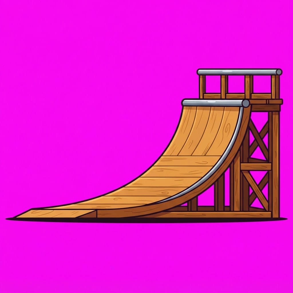 Image: SIDE VIEW of a wooden skate ramp (quarter pipe) fo
