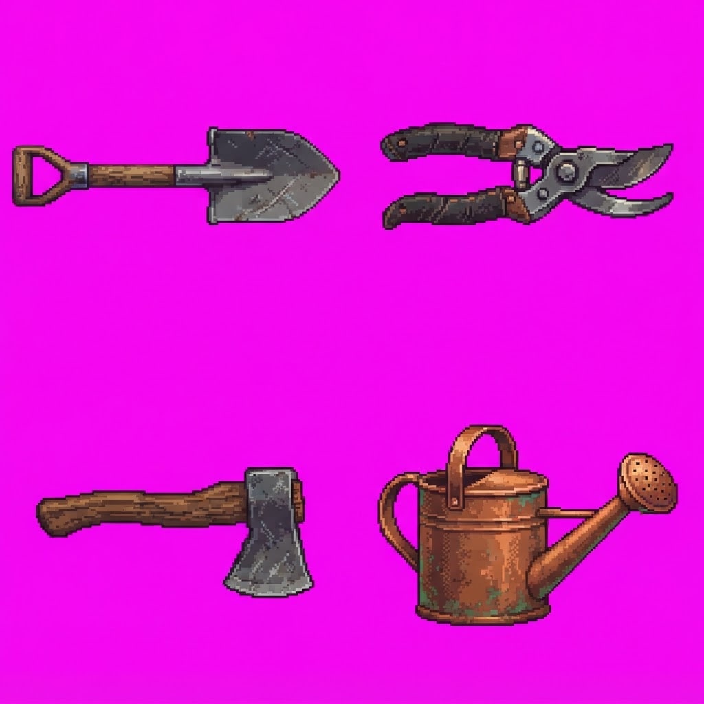 Image: Pixel art item sprite sheet on a plain flat solid