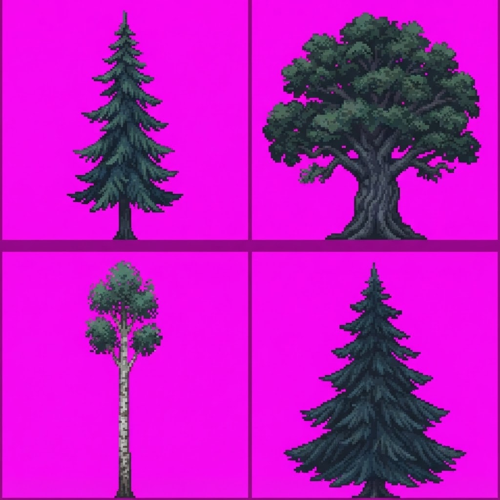 Image: Pixel art tree sprite sheet on a plain flat solid