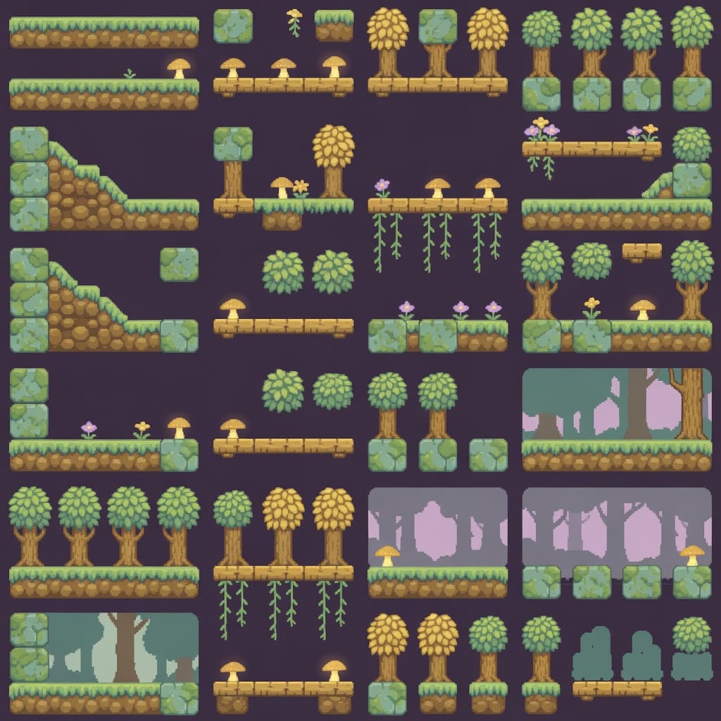 Cozy Dusk Forest Platformer Tileset