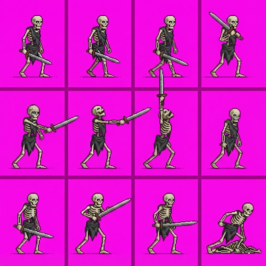 Image: Redraw this skeleton warrior sprite sheet in EXACT