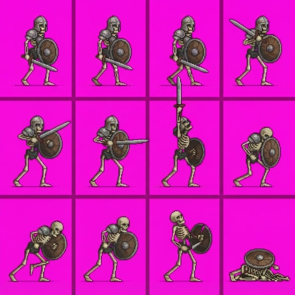 Image: Redraw this skeleton warrior sprite sheet in EXACT