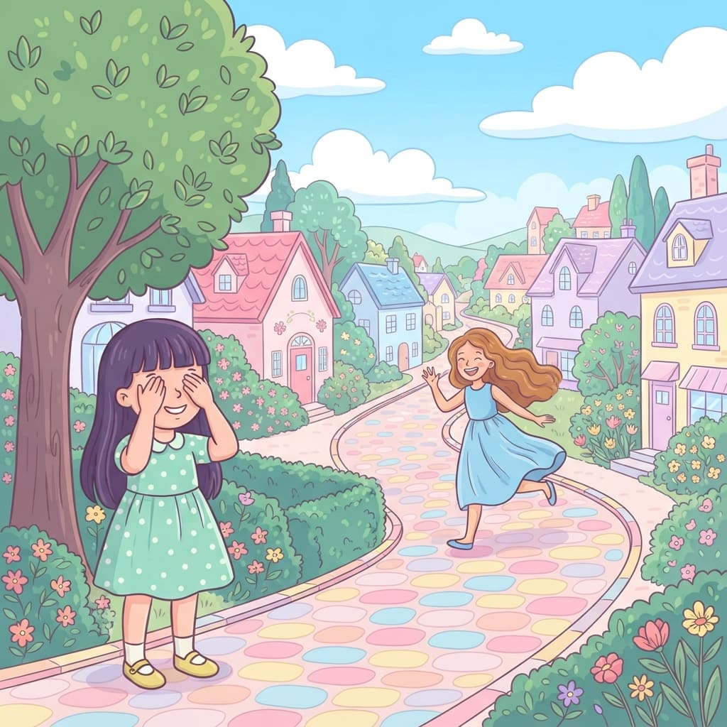 Image: Flat 2D cartoon storybook illustration, wide lands