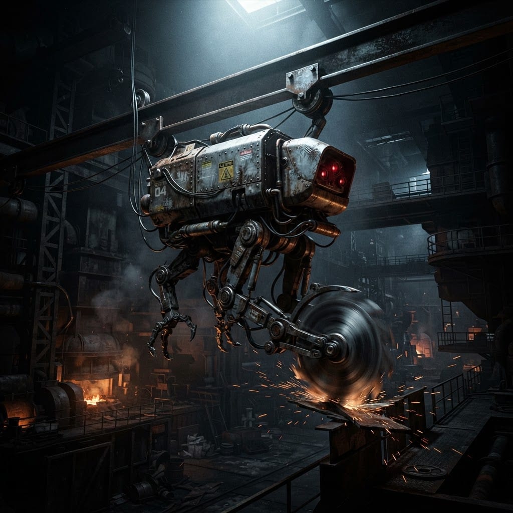 Image: Rust-scarred industrial saw drone on rails in a da
