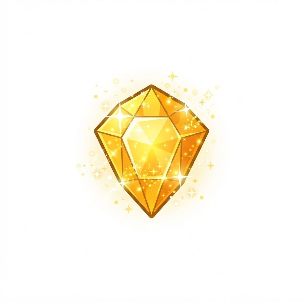Image: A single small gold yellow faceted gemstone, glowi