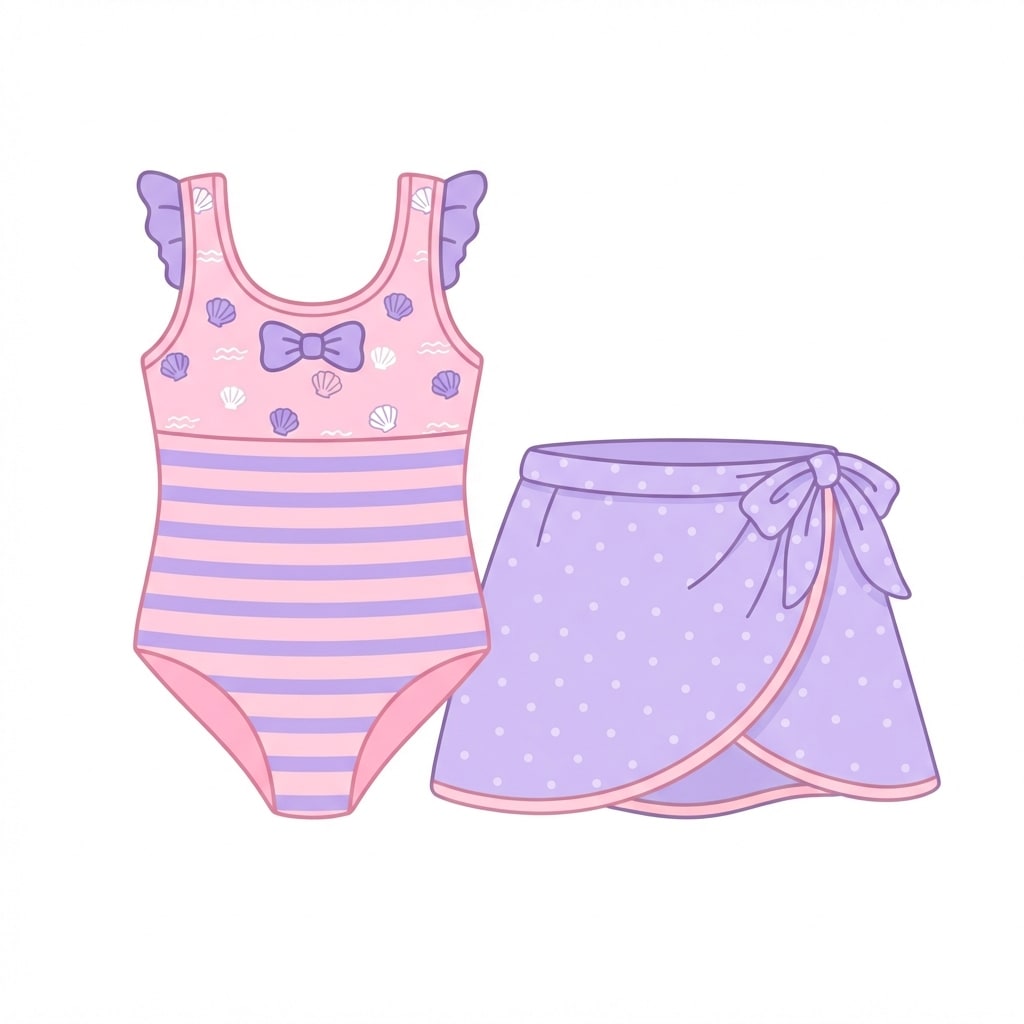 Image: Flat 2D cartoon illustration of a single girl's sw