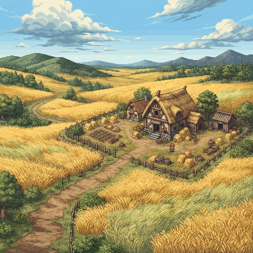 Image: 16-bit SNES pixel-art landscape illustration, same