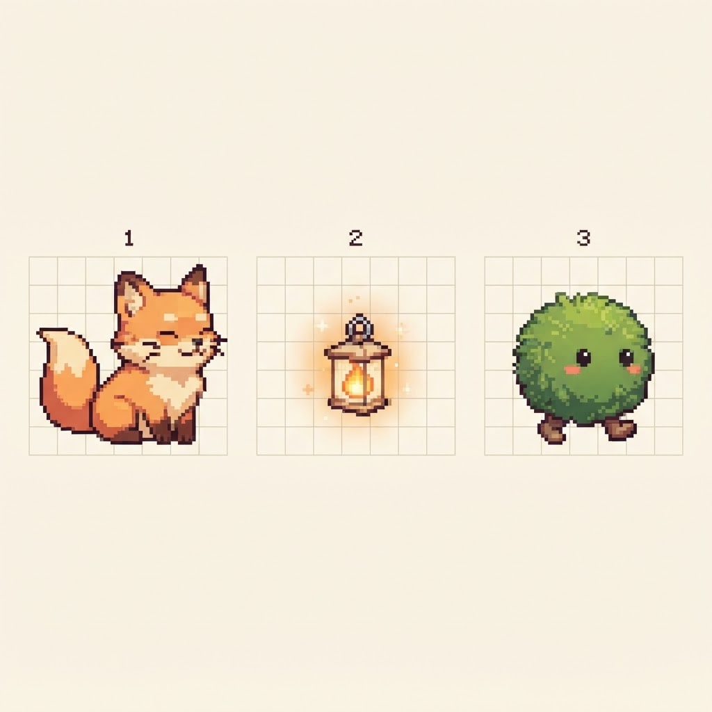 Image: 16-bit pixel art pet sprite sheet, three creatures