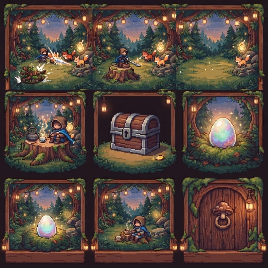 Image: HD pixel art strip of FIVE dungeon room dioramas i