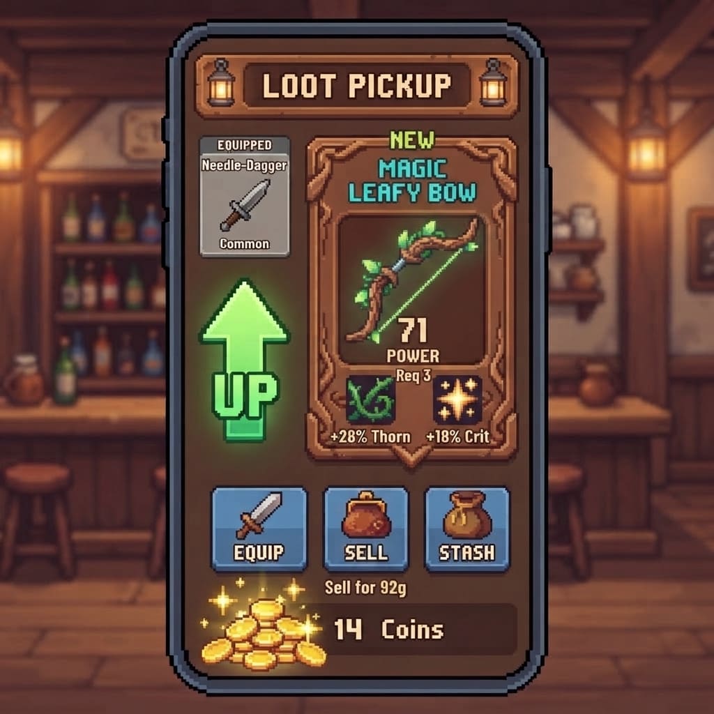 Image: Portrait mobile loot pickup UI, HD pixel art, cozy