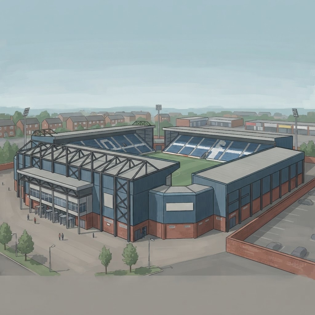 Image: modern mid-size football stadium exterior, three-s