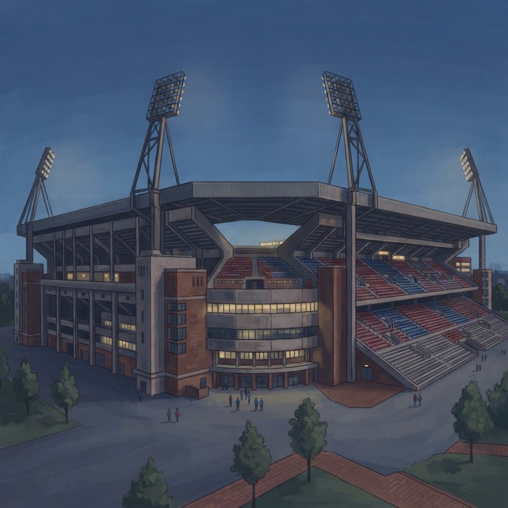 Image: grand football stadium exterior, towering stands a