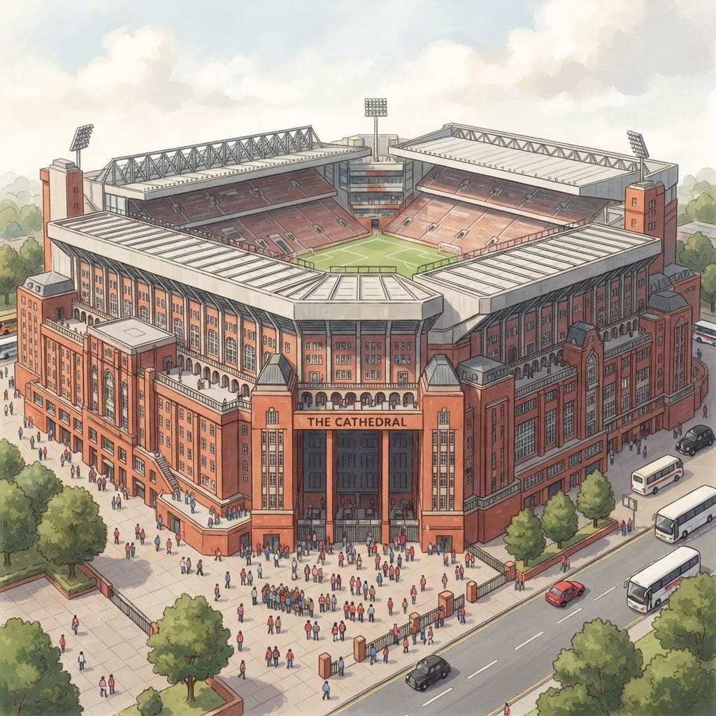 Image: massive football cathedral stadium exterior, multi