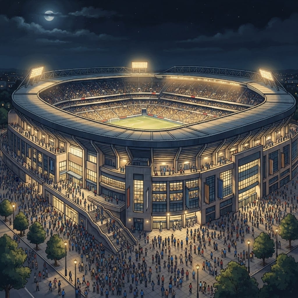 Image: enormous modern football stadium exterior, multi-t