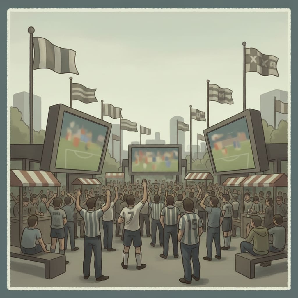 Image: outdoor football fan zone plaza with screens and f