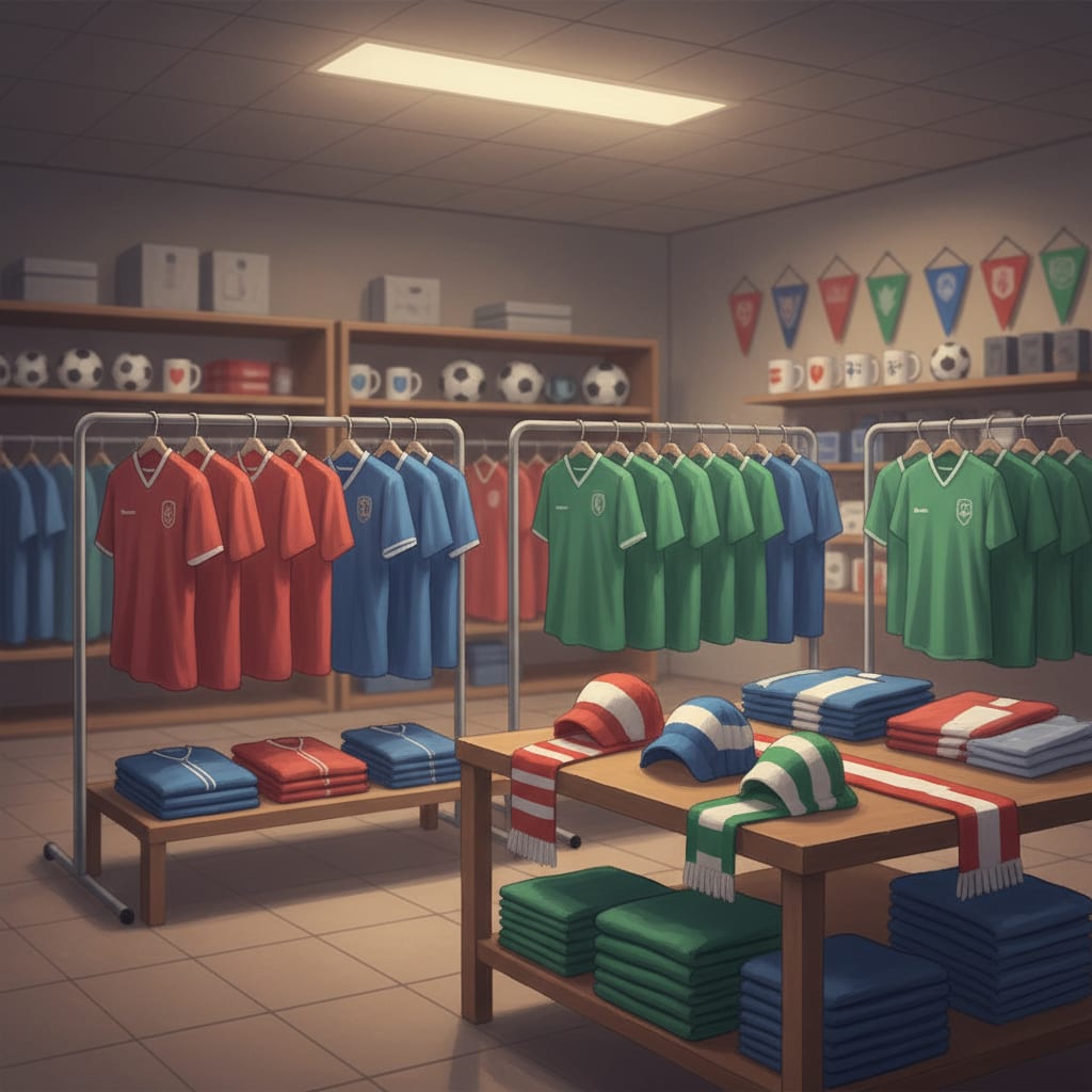 Image: football club megastore retail interior with kits