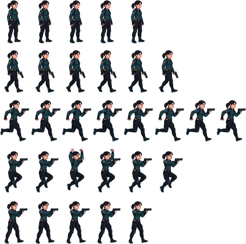 Young Female Action Hero Sprite Sheet