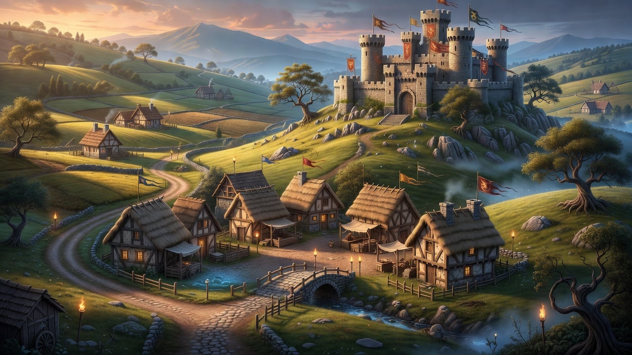Mittelalterliche Fantasy-Landschaft mit Dorf und Burg