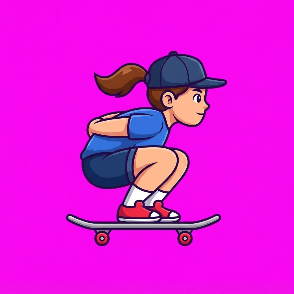 Image: Full body SIDE VIEW of a cartoon girl skateboarder