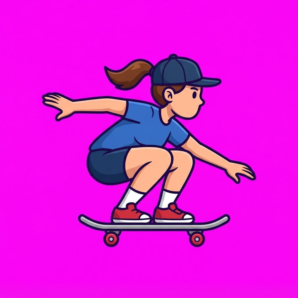 Image: Full body SIDE VIEW of a cartoon girl skateboarder