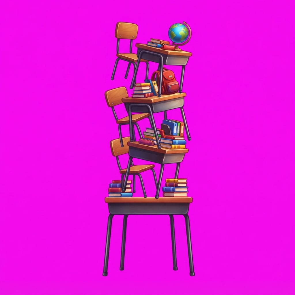 Image: SIDE VIEW of a tall messy stack of school desks an