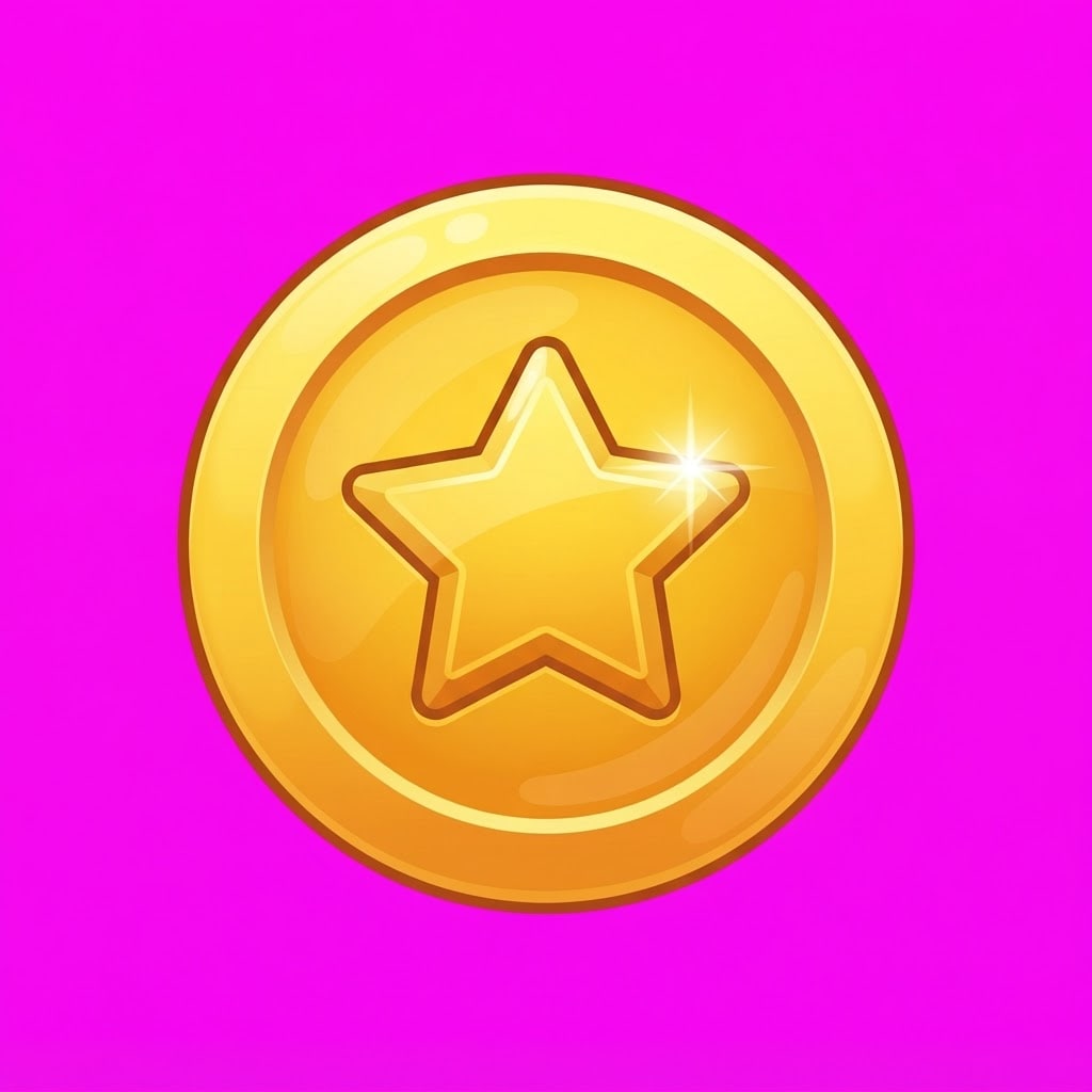 Image: A single shiny golden coin game collectible with a