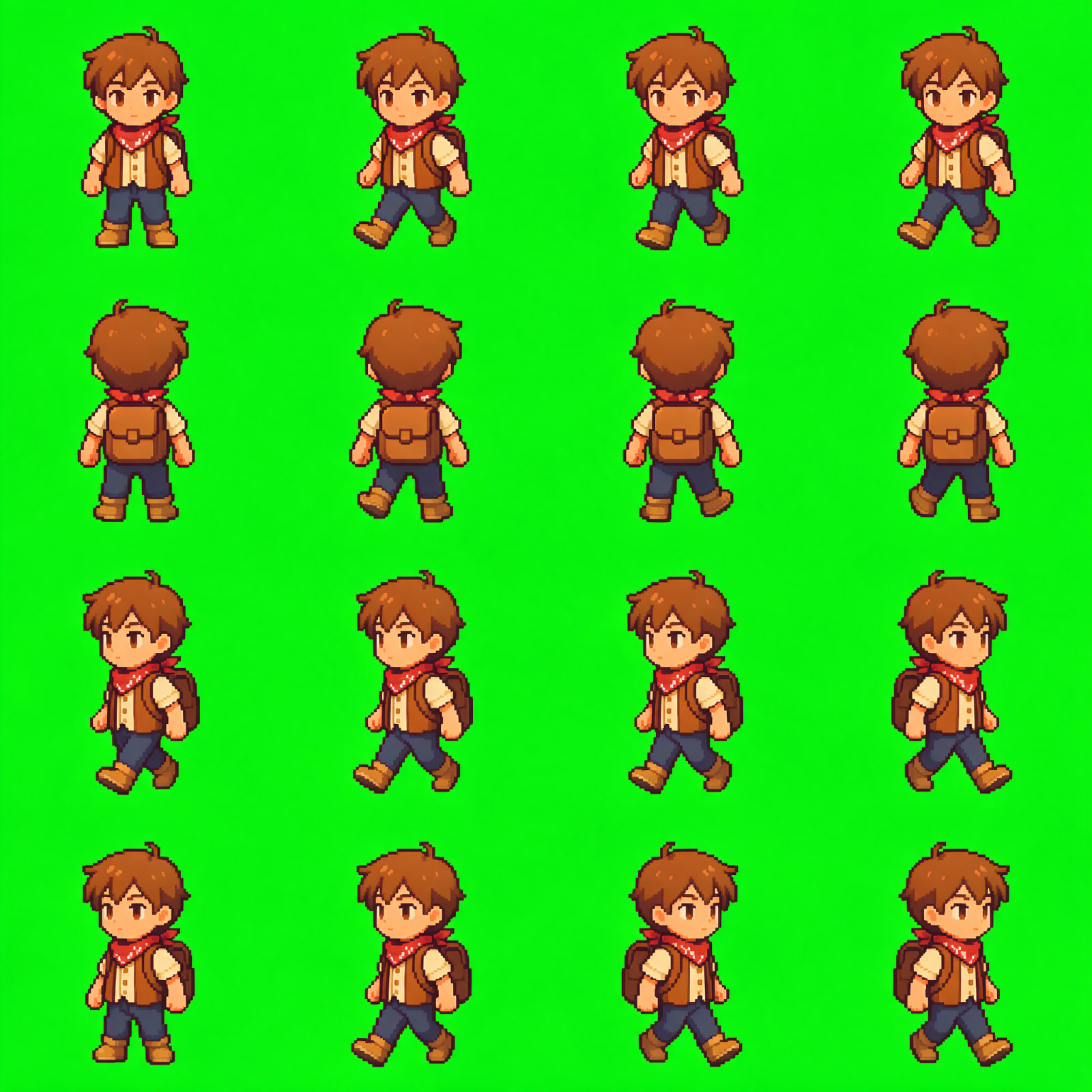 Protagonista Joven Aventurero Pixel Art Sprite Sheet 16 Frames