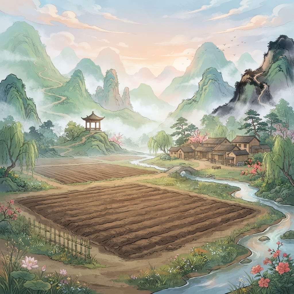 Image: 2D Chinese xianxia game background, ancient rural