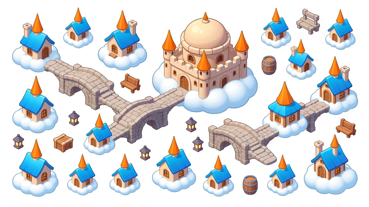 Isometric Fantasy Cloud Village Buildings Set