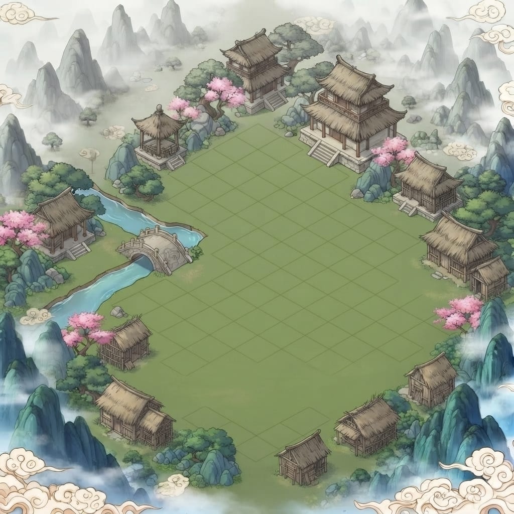 Image: Chinese ink wash shuimo painting, isometric 45-deg