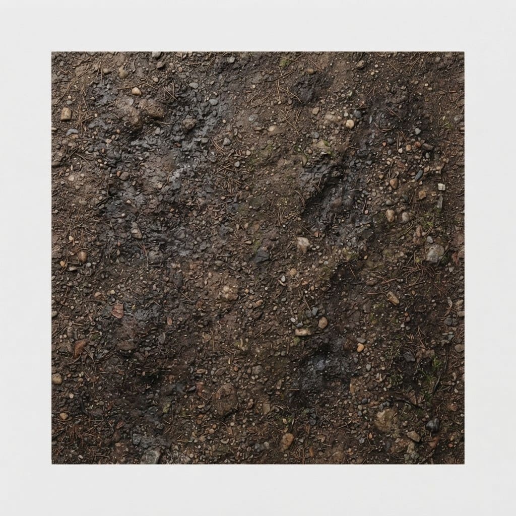 Seamless tileable overhead top-down ground surface texture, photorealistic natural woodland terrain. Fine-scale details: small pebbles, tiny stones, damp dark s