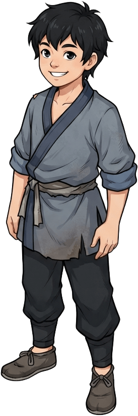 Image: 2D game character sprite, young Chinese village bo