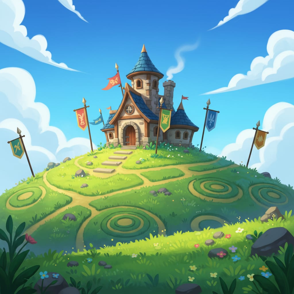 Image: Wide fantasy guild headquarters on a grassy hillto