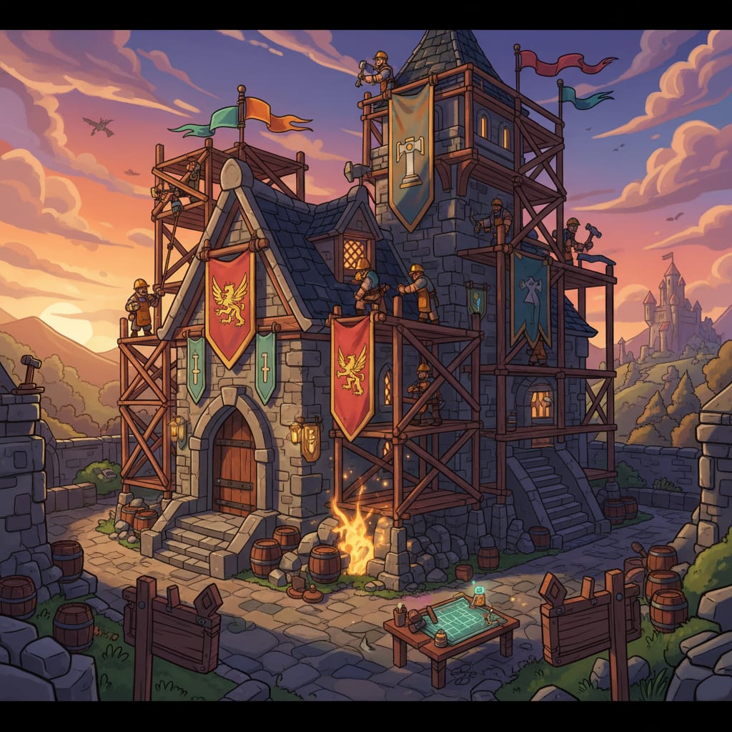 Image: Fantasy guild hall construction upgrades banner, b