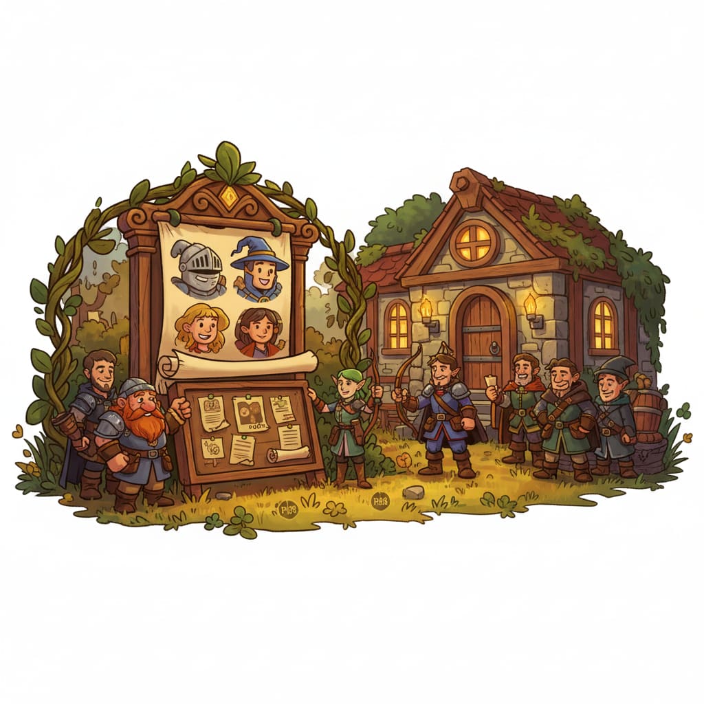 Image: Fantasy tavern recruit walk-in banner, adventurers