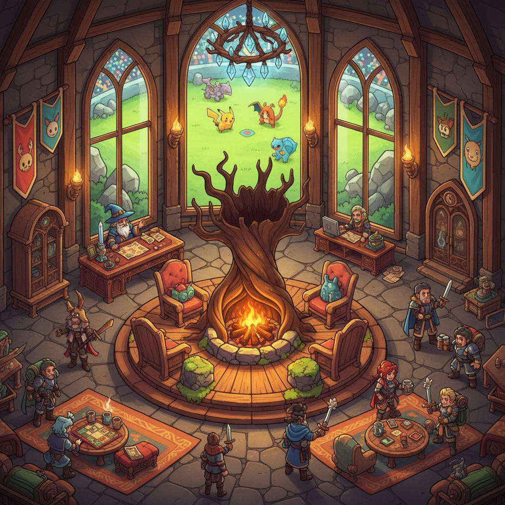 Image: Isometric cozy fantasy guild hall interior scene c