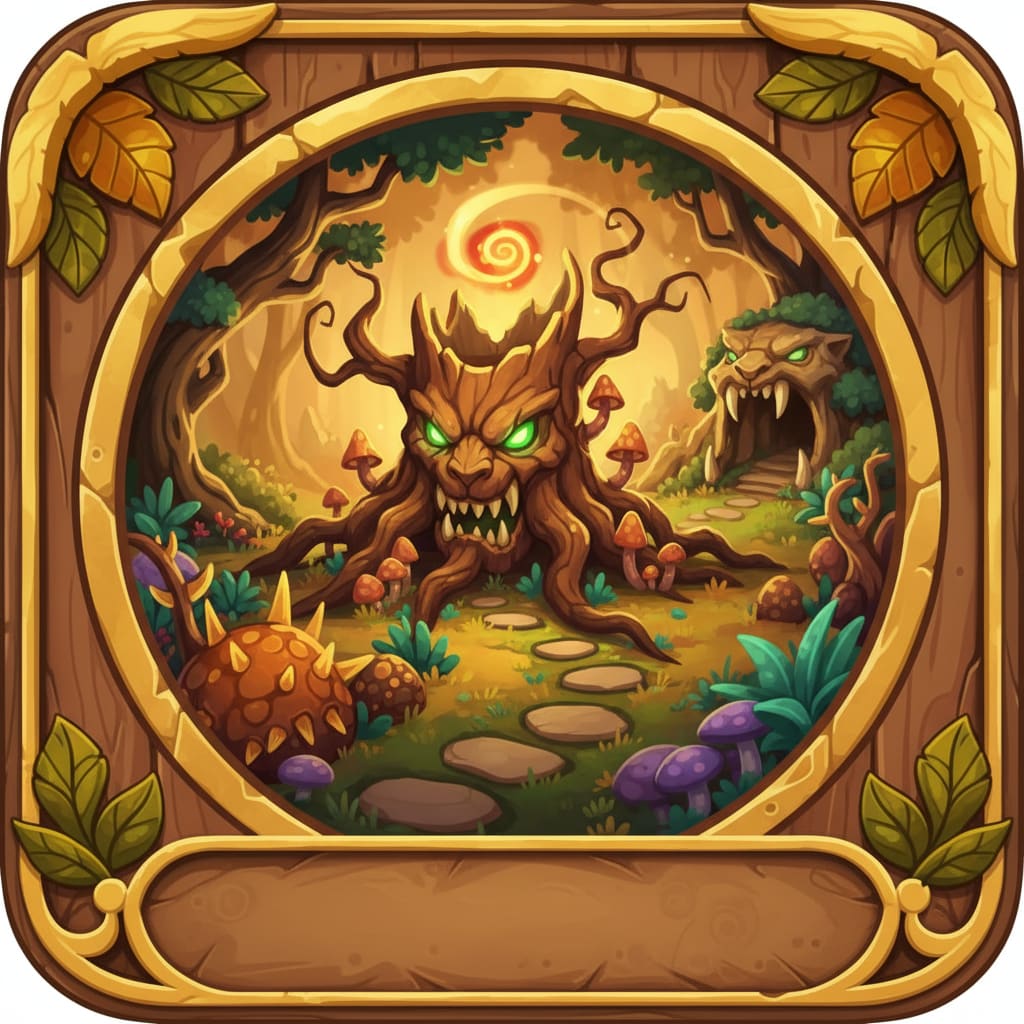 Image: Cozy fantasy game dungeon thumbnail icon, cartoon 
