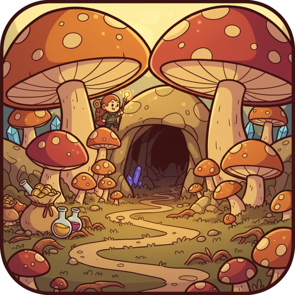 Image: Cozy fantasy game dungeon thumbnail icon, cartoon