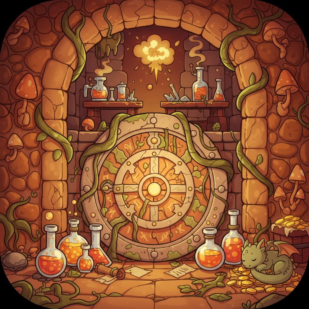 Image: Cozy fantasy game dungeon thumbnail icon, cartoon