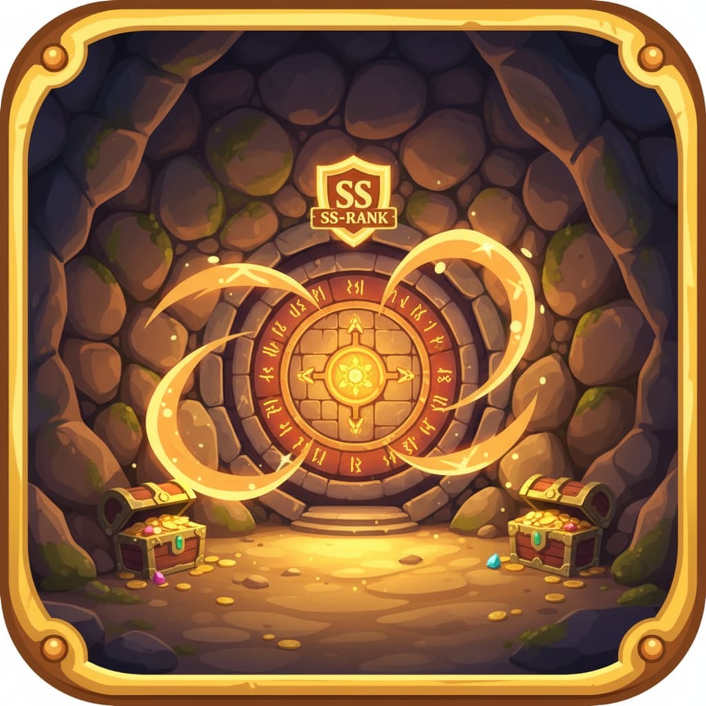 Image: Cozy fantasy game dungeon thumbnail icon, cartoon
