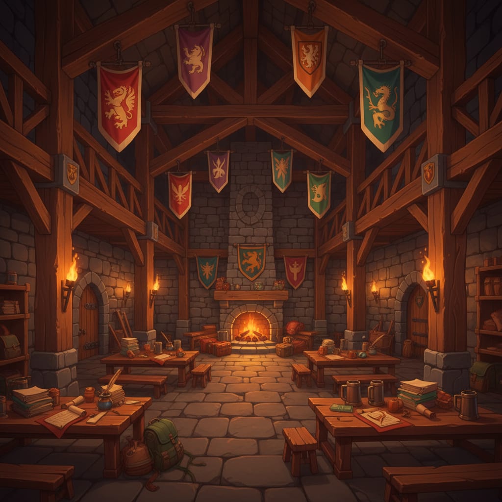 Image: Wide fantasy guild hall interior background art fo