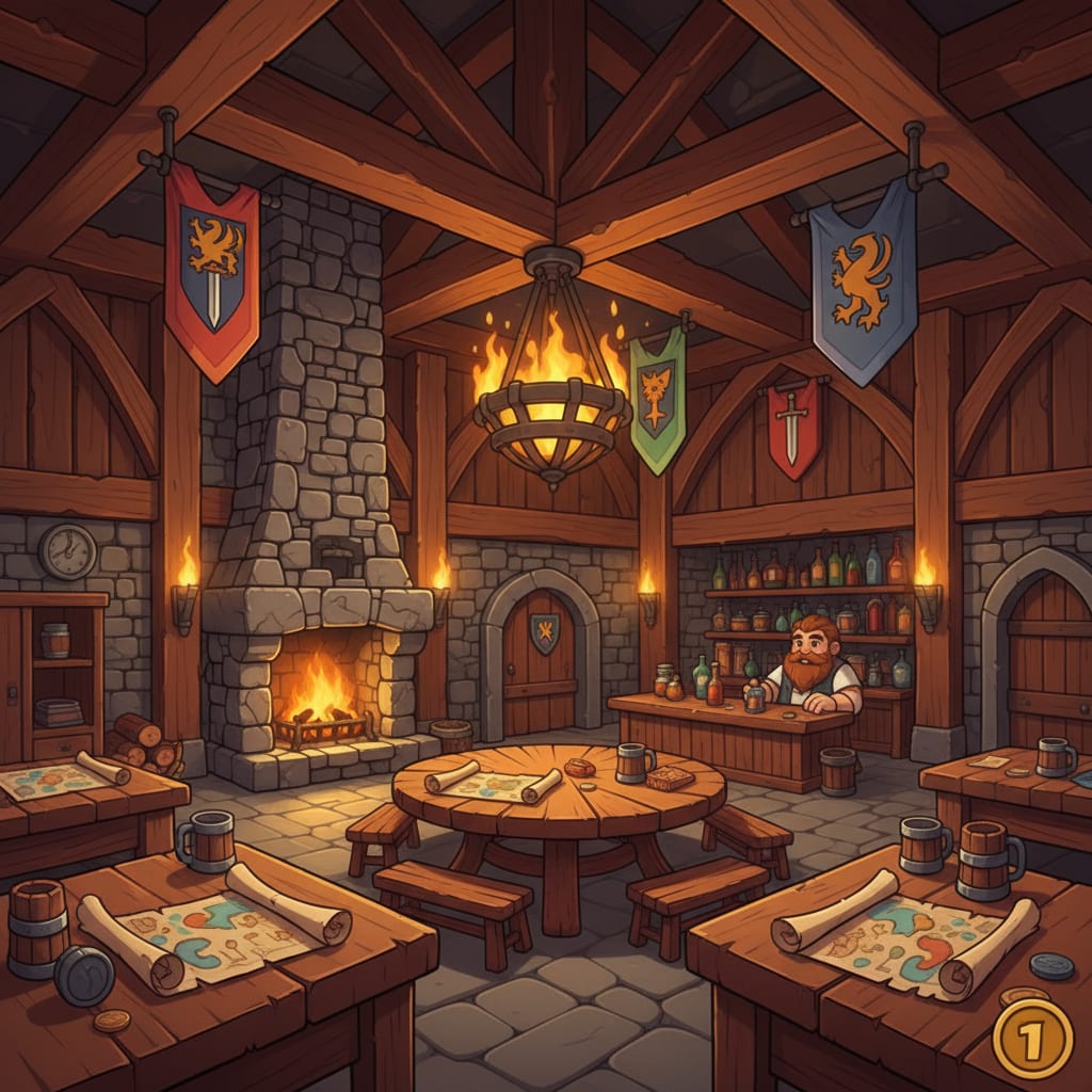 Image: Cozy medieval fantasy guild hall interior center i