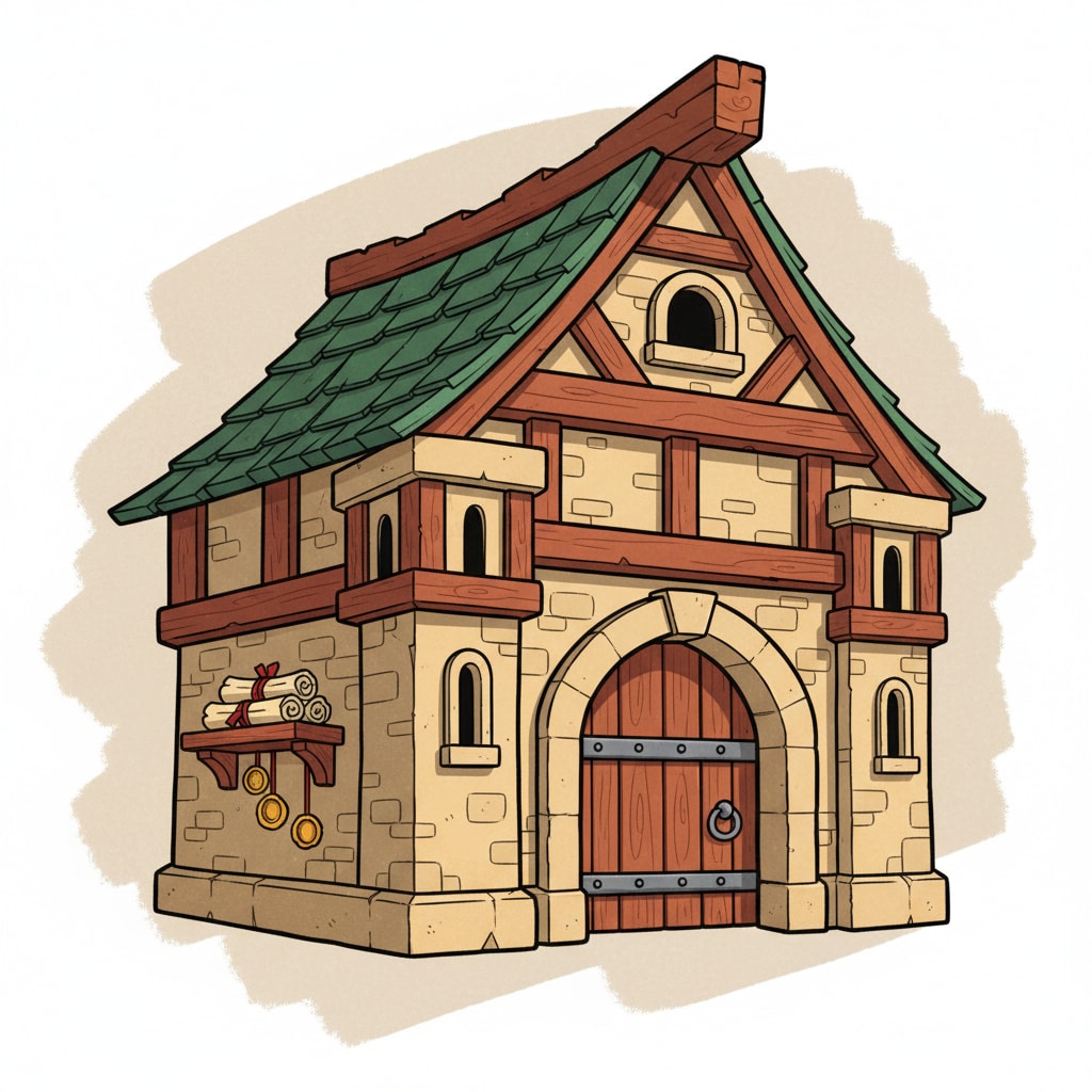 Image: cartoon fantasy medieval guild hall game icon, war