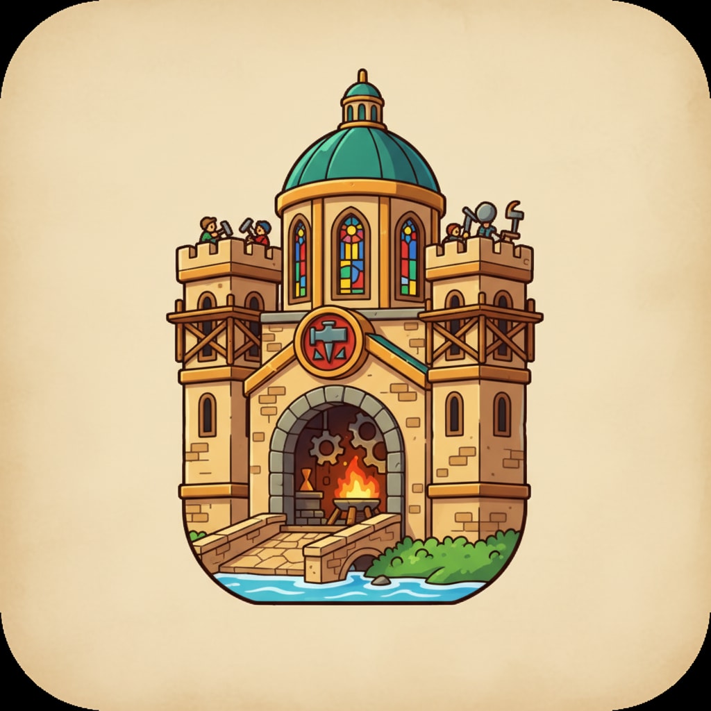 Image: cartoon fantasy medieval guild hall game icon, war
