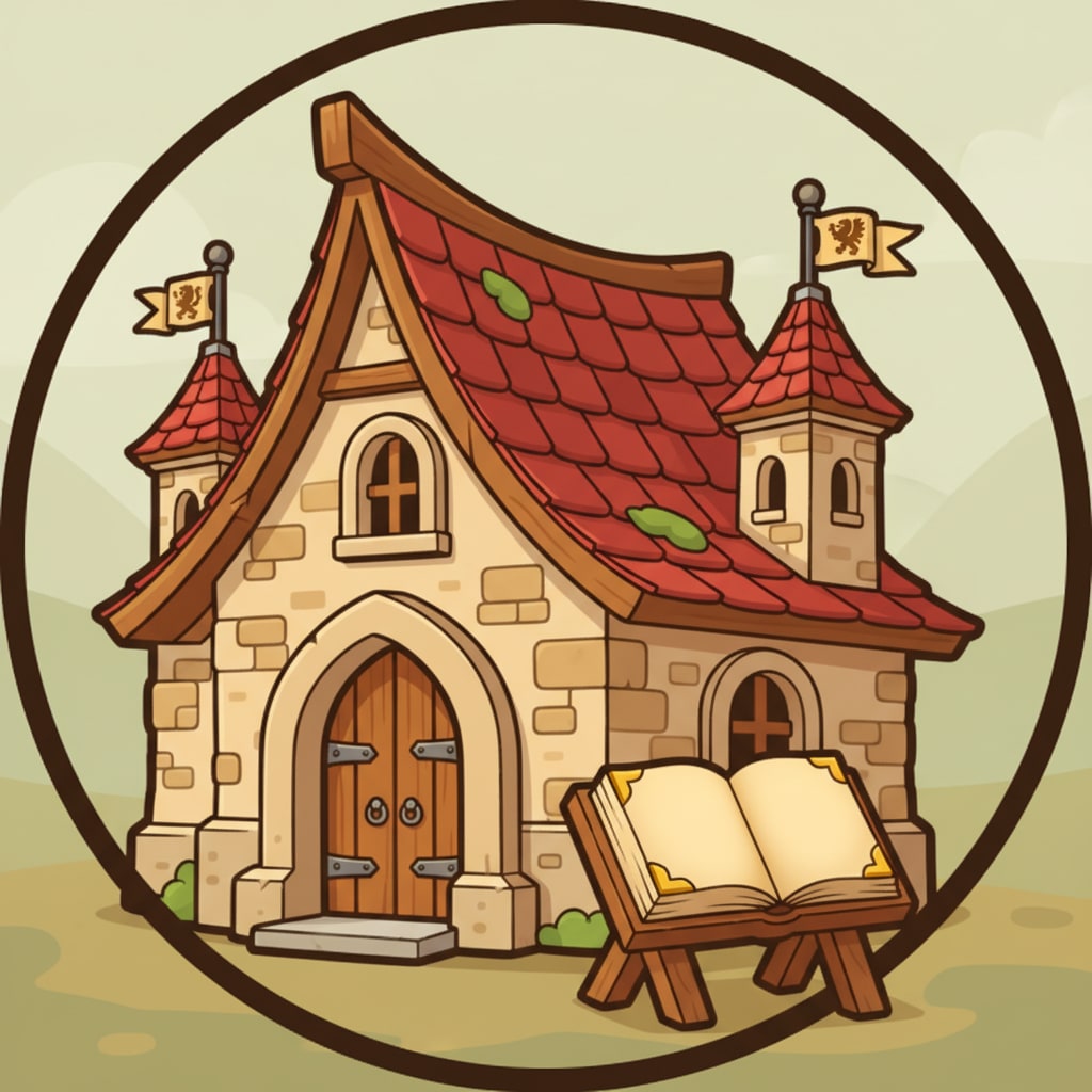 Image: cartoon fantasy medieval guild hall game icon, war